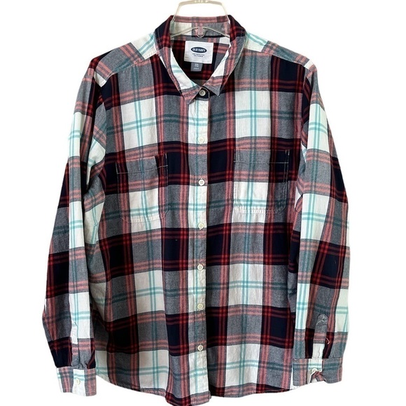 Old Navy size XXL flannel button down white red blue plaid long sleeves - Picture 1 of 15